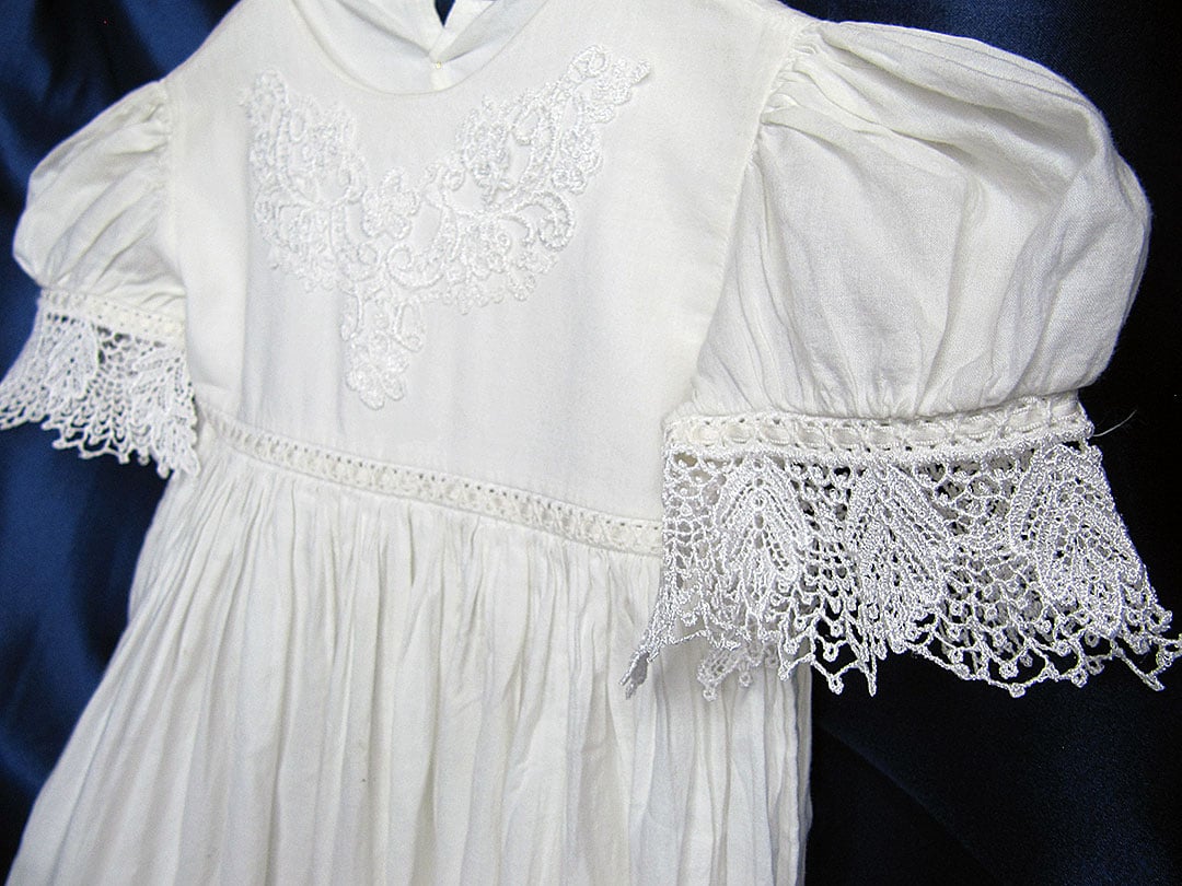 MESA046ChristeningGown | Embroidery Legacy Christening Gown lace sleeves