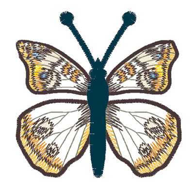 AI3B112 | Embroidery Legacy Illustrated butterfly with a dark teal body and patterned yellow, white, and brown wings on a white background.