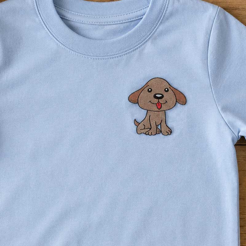 AIDVD108_Tshirt | Embroidery Legacy Light blue toddler T-shirt with a small brown cartoon puppy embroidery on the left chest area.
