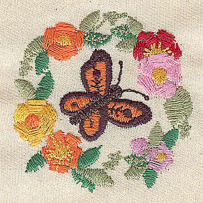 Embroidery Design: Butterfly in circle of flowers<br> 2.00w X 2.00h