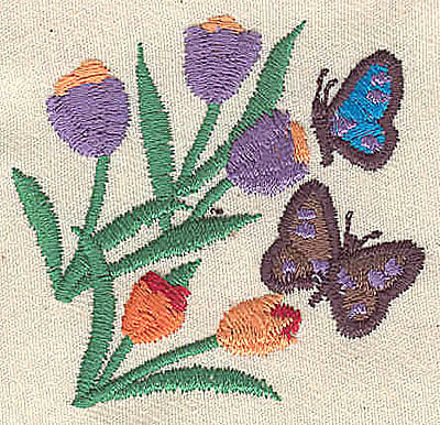Embroidery Design: Tulips and butterflies<br> 2.10w X 1.98h