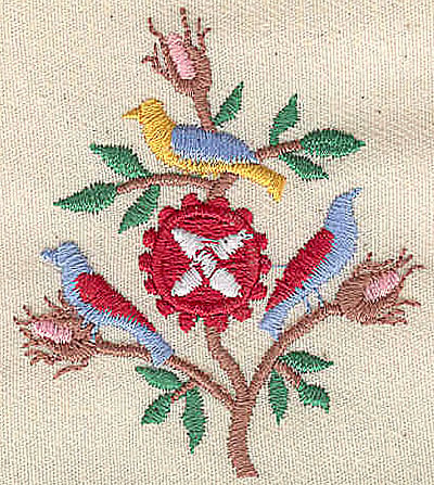 Embroidery Design: Three birds and rose buds<br> 2.00w X 2.25h