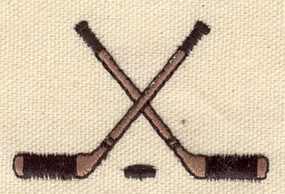 Embroidery Design: Crossed hockey sticks with puck<br> 2.25w X 1.45h