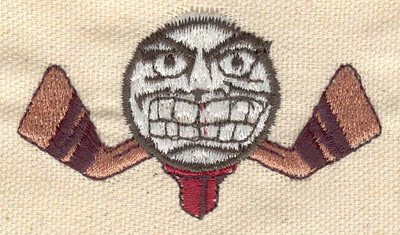 Embroidery Design: Hockey sticks with angry puck<br> 2.65w X 1.50h