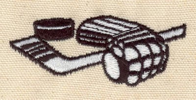 Embroidery Design: Goalie glove stick and puck<br> 2.99w X 1.22h