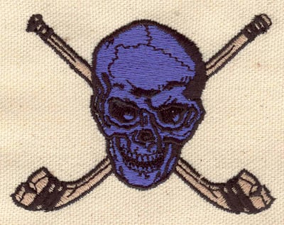 Embroidery Design: Crossed Hockey sticks with skull<br> 3.20w X 2.39h