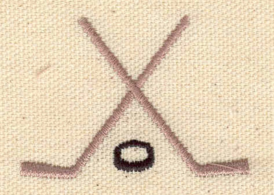 Embroidery Design: Crossed hockey sticks with puck<br> 1.96w X 1.40h