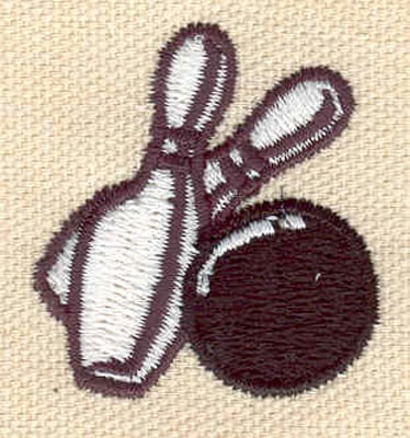 Embroidery Design: Bowling ball with two pins<br> 1.32w X 1.44h