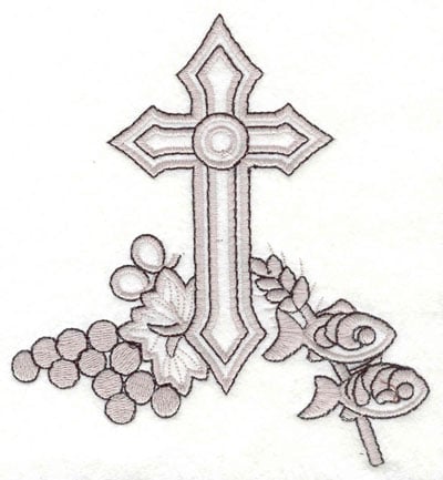 Embroidery Design: Cross with grapes fish and wheat <br>4.64"w X 5.07"h