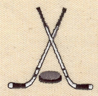 Embroidery Design: Crossed hockey sticks with puck<br> 2.09w X 2.06h