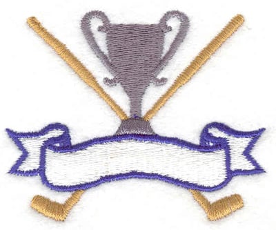 Embroidery Design: Golf Clubs trophy and banner <br>2.65"w X 2.15"h