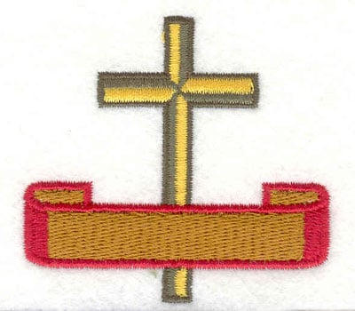 Embroidery Design: Cross with banner <br>2.55"w X 2.35"h