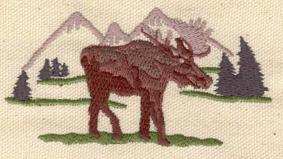 Embroidery Design: Moose with mountain scenery<br> 3.56w X 1.89h