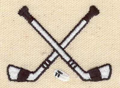 Embroidery Design: Crossed hockey sticks with puck<br> 2.36w X 1.72h