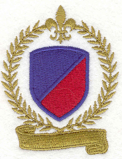 Embroidery Design: Wreath, Banner, and Shield<br> 2.50" X 3.17"