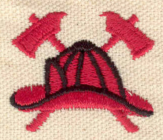 Embroidery Design: Fire helmet and axes<br> 2.80w X 2.00h