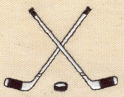 Embroidery Design: Crossed hockey sticks with puck<br> 2.57w X 1.94h