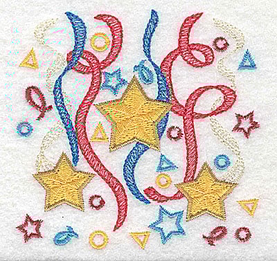 Embroidery Design: Stars ribbon and confetti design<br> 3.51w X 3.43h