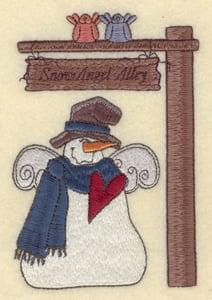 Embroidery Design: Snowman with sign Snow Angel Alley<br>3.73"w X 5.48"h | Embroidery Legacy Embroidery Design: Snowman with sign Snow Angel Alley<br>3.73"w X 5.48"h