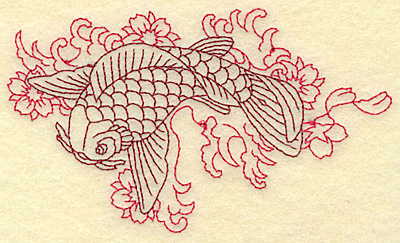 Embroidery Design: Koi waves and flowers redwork<br> 4.93w X 2.88h