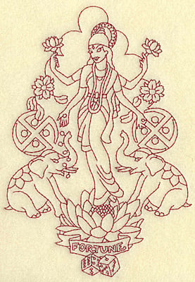 Embroidery Design: Lakshmi goddess of fortune redwork<br> 6.95w X 4.84h