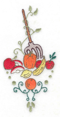 Embroidery Design: Pitchfork with fruit veggies and swirls<br> 2.47w X 4.96h