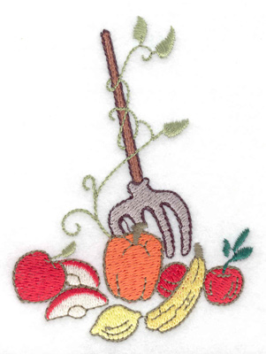Embroidery Design: Pitchfork with fruit veggies and vines<br> 2.86w X 3.89h