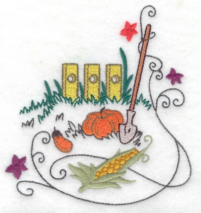 Embroidery Design: Fence with shovel and veggies<br> 4.60w X 4.95h