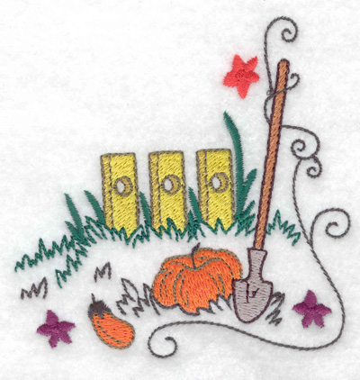 Embroidery Design: Fence with shovel and pumpkin<br> 3.86w X 3.87h