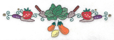 Embroidery Design: Lettuce trowels knives and veggies<br> 6.94w X 2.16h