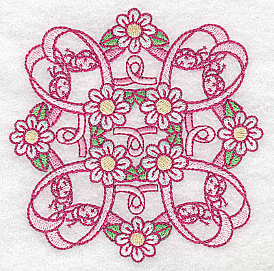 Embroidery Design: Ribbons daisies and ladybugs<br> 3.86w X 3.86h