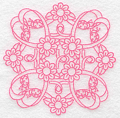 Embroidery Design: Ribbons daisies and ladybugs redwork large<br> 4.96w X 4.96h