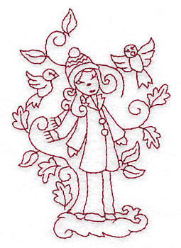 Embroidery Design: Girl with birds redwork<br> 2.64w X 2.85h