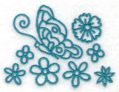 Embroidery Design: Side view butterfly and flowers<br> 3.01w X 2.27h