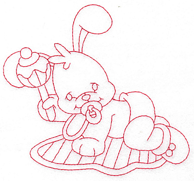 Embroidery Design: Bunny with rattle large<br> 5.28w X 4.93h