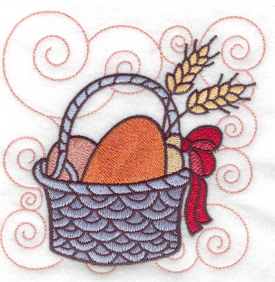 Embroidery Design: Bread buns and wheat in a basket large<br> 4.89w X 4.96h