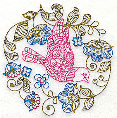 Embroidery Design: Jacobean bird and flowers A large<br> 7.25w X 7.31h