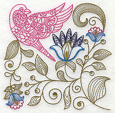 Embroidery Design: Jacobean bird and flowers B<br> 4.88w X 4.81h