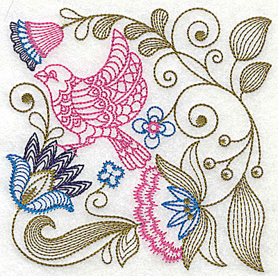 Embroidery Design: Jacobean bird and flowers F<br> 4.19w X 4.19h