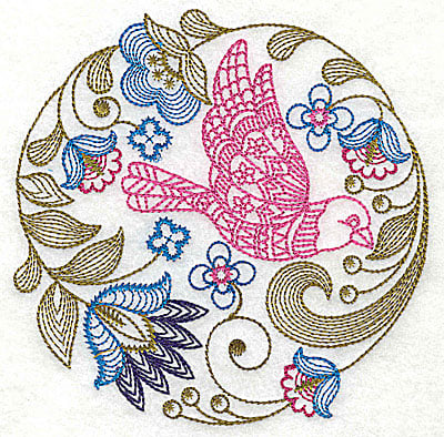 Embroidery Design: Jacobean bird and flowers G<br> 4.88w X 4.88h | Embroidery Legacy Embroidery Design: Jacobean bird and flowers G<br> 4.88w X 4.88h