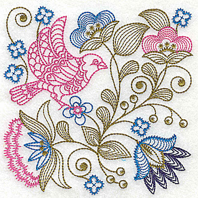 Embroidery Design: Jacobean bird and flowers H<br> 6.13w X 6.13h | Embroidery Legacy Embroidery Design: Jacobean bird and flowers H<br> 6.13w X 6.13h