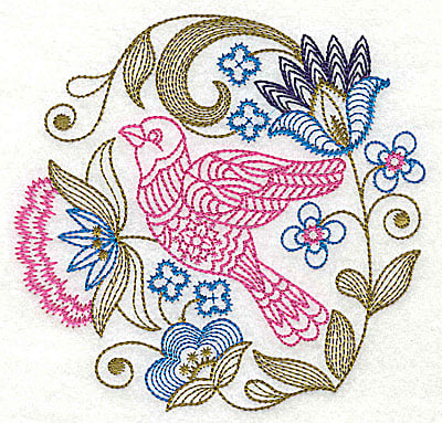 Embroidery Design: Jacobean bird and flowers I<br> 6.13w X 5.94h | Embroidery Legacy Embroidery Design: Jacobean bird and flowers I<br> 6.13w X 5.94h