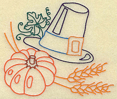 Embroidery Design: Pumpkin and pilgrim hat large<br> 4.91w X 4.25h
