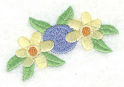 Embroidery Design: Blue Rossette with yellow flowers<br> 2.32w X 1.59h