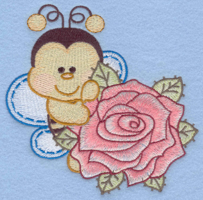 Embroidery Design: Bumble bee with single rose rt large<br>5.01w X 4.98h