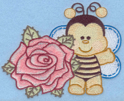 Embroidery Design: Bumble bee with singe rose lt small<br>4.96w X 3.98h