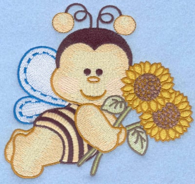 Embroidery Design: Flying bumble bee with sunflowers large<br>5.31w X 4.99h