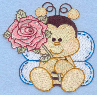 Embroidery Design: Bumble bee sitting with rose large<br>5.13w X 4.97h