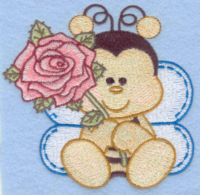 Embroidery Design: Bumble bee sitting with rose small<br>4.14w X 4.01h | Embroidery Legacy Embroidery Design: Bumble bee sitting with rose small<br>4.14w X 4.01h