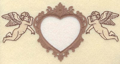 Embroidery Design: Heart Applique with Cherubs on Side<br>7.69w X 3.91h